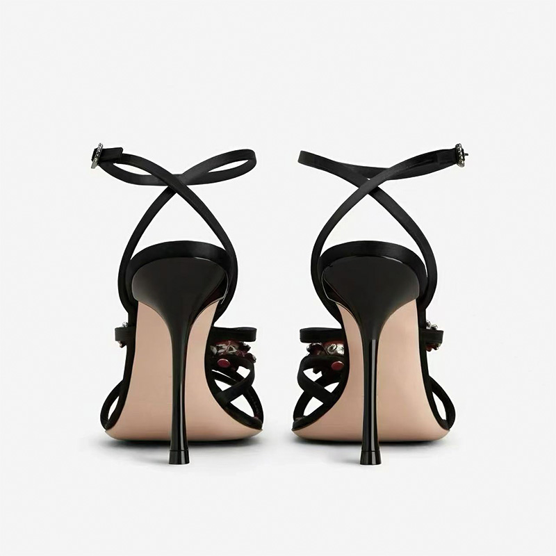 Shoeswoon Square Toe Crystal Floral Criss Cross Ankle Wrap Buckle Thin Stiletto Heel Sandals