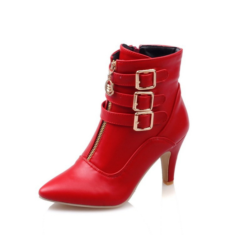Shoeswoon Pointed‑Toe Ankle Booties Triple Buckle Straps Front Zipper Decor Slim Stiletto Heel
