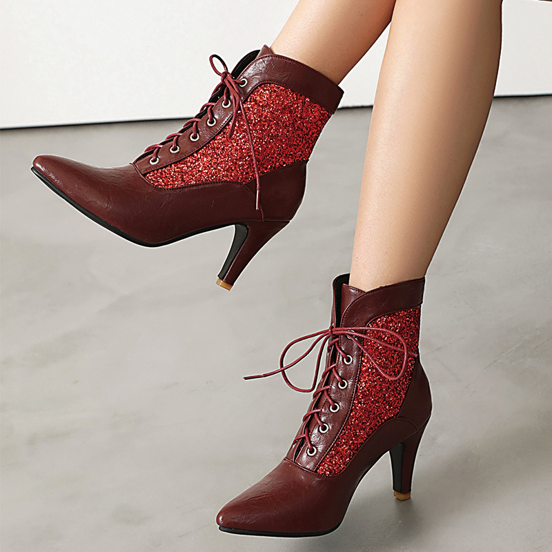 Shoeswoon Glitter Spliced Lace‑Up Pointed Toe Stiletto Ankle Boots