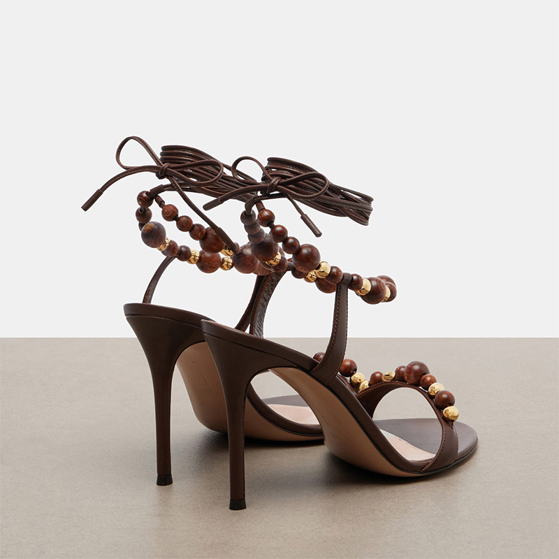 Shoeswoon Wood Bead Embellished Metallic Leather Lace‑Up Stiletto Sandals