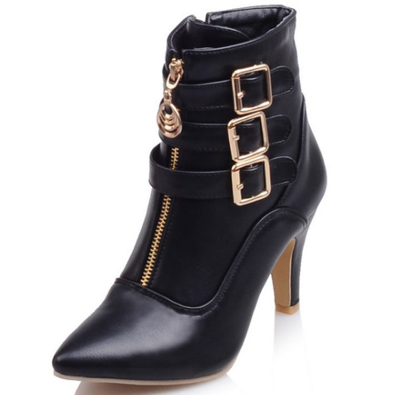 Shoeswoon Pointed‑Toe Ankle Booties Triple Buckle Straps Front Zipper Decor Slim Stiletto Heel