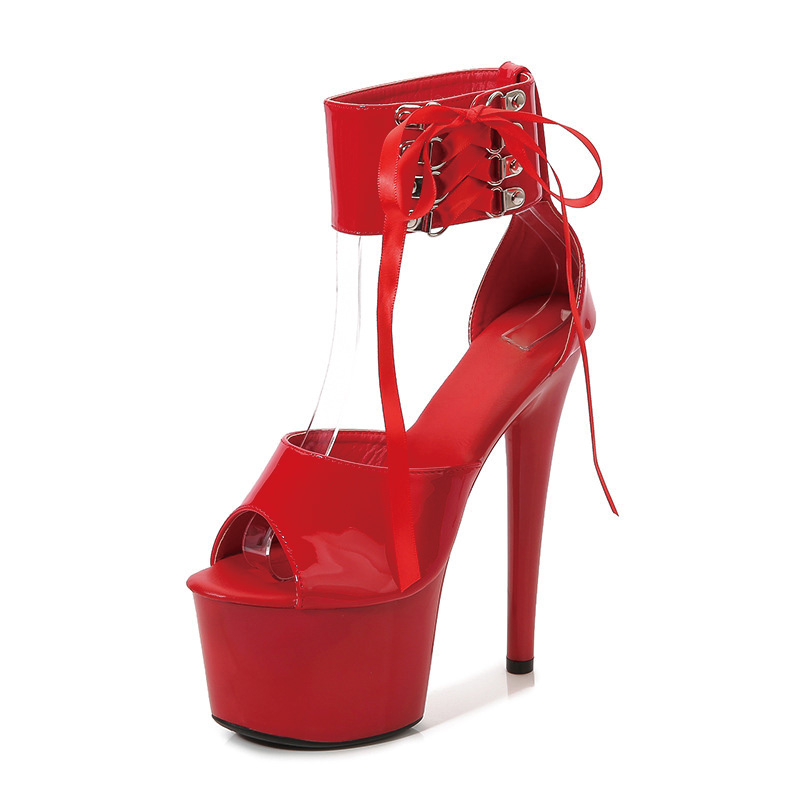 Shoeswoon Patent Peep Toe Lace-Up Wide Ankle Cuff Super Platform Stiletto Sandals