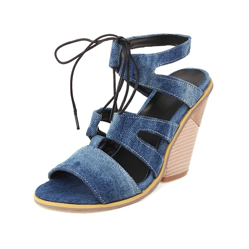 Shoeswoon Strappy Lace Up Cutout Open Toe Caged Chunky Heel Sandals