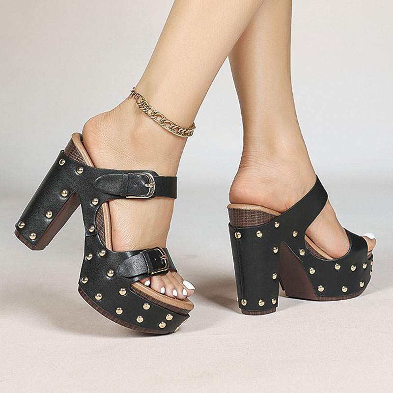 Shoeswoon Double Buckle Gold Stud Platform Chunky Heel Slide Mule Sandals