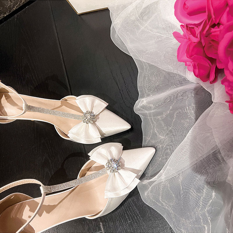 Shoeswoon Elegant Bow Crystal Satin Pointed Toe T-Strap Stiletto Heels