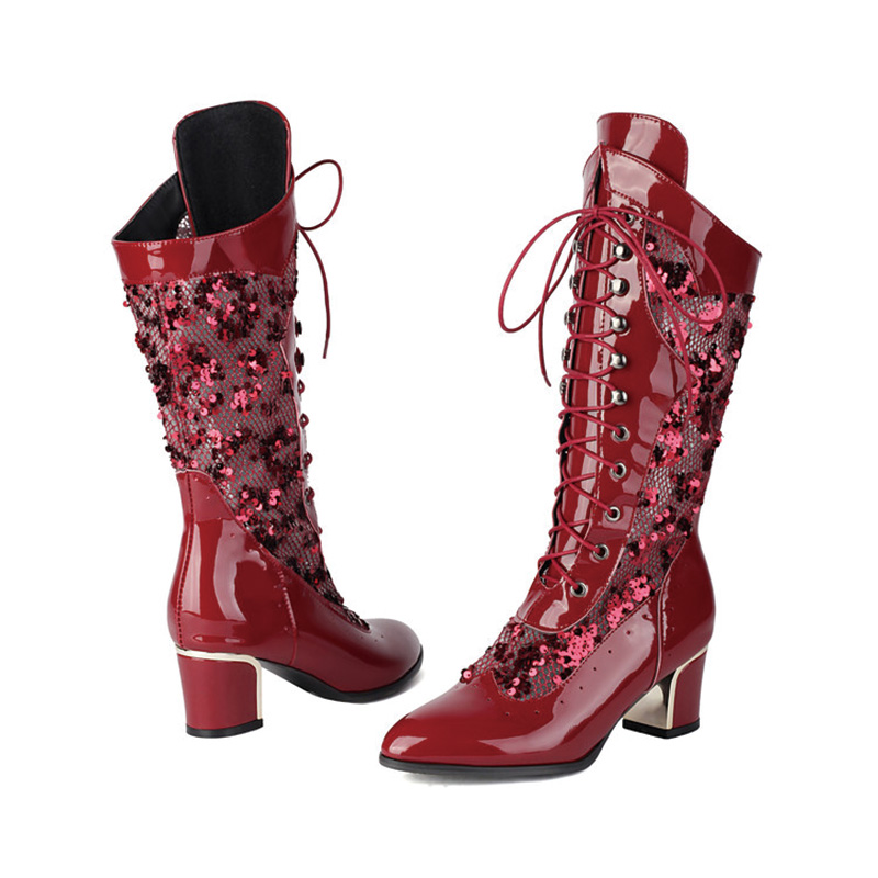 Shoeswoon Gothic Mesh Patchwork Lace‑Up Pointed‑Toe Chunky Heel Party Mid Calf Booties