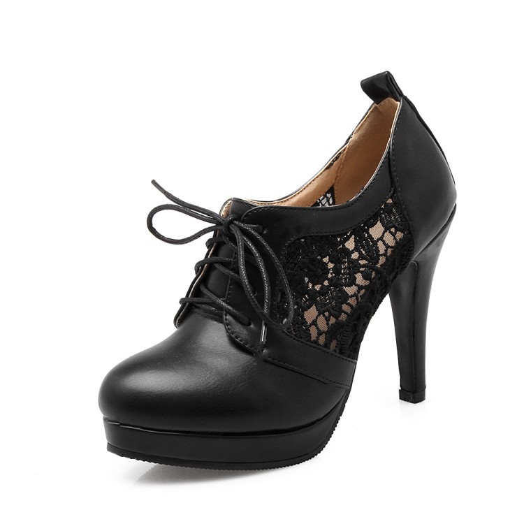 Shoeswoon Front Lace‑Up Round Toe Pumps Hollow Lace Splice Platform Stiletto Heel