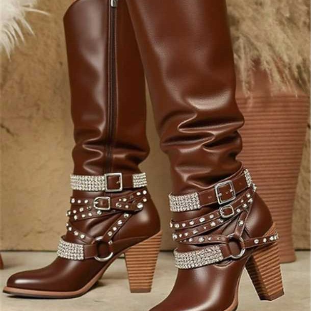 Shoeswoon Rhinestone Multi‑Buckle Slouch Boots Ruched Shaft Side Zip Block Heel