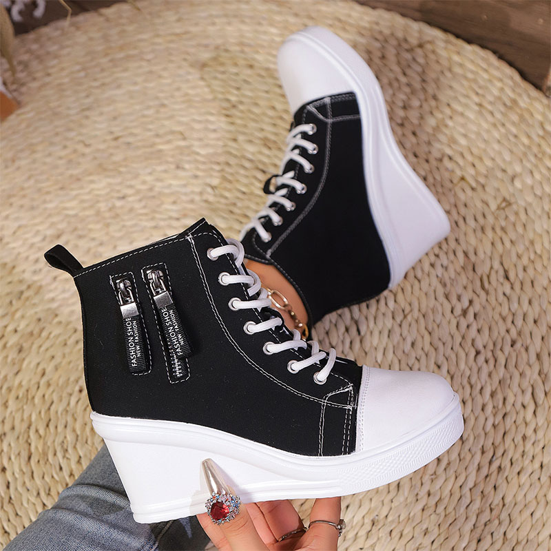 Shoeswoon Canvas High‑Top Wedge Sneakers Double Side Zippers Cap Toe