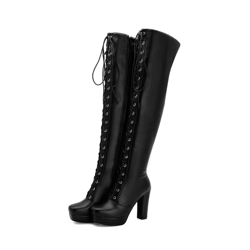 Shoeswoon Gothic Black Lace‑Up Side‑Zip Platform Block Heel Over Knee Boots