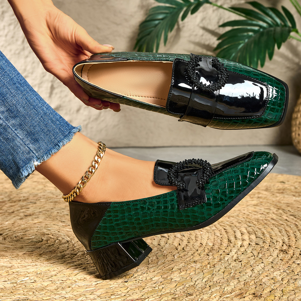 Shoeswoon Green Croc Print Patent Beaded Buckle Block Heel Loafers
