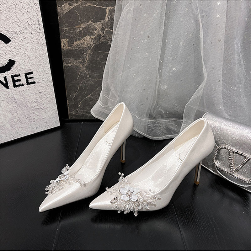 Shoeswoon Elegant Pointed Toe Floral Crystal Stiletto Slip On Heels