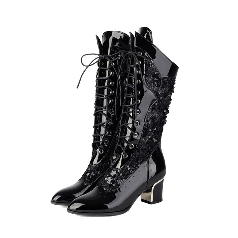 Shoeswoon Gothic Mesh Patchwork Lace‑Up Pointed‑Toe Chunky Heel Party Mid Calf Booties