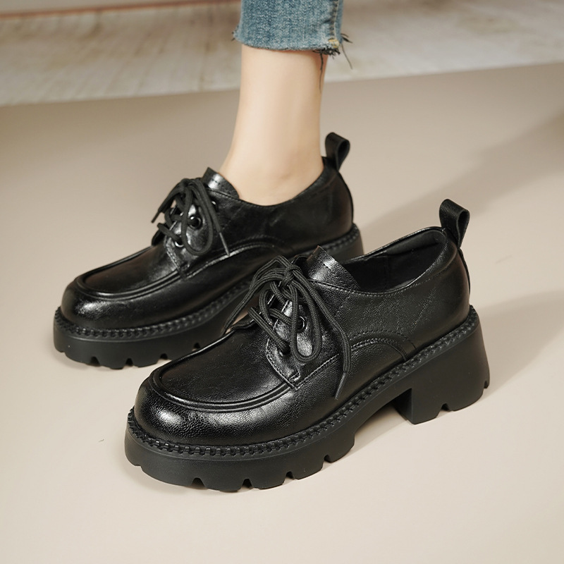 Shoeswoon Round Toe Stitched Trim Lace‑Up Thick Serrated Sole High Block Heel Retro Oxfords