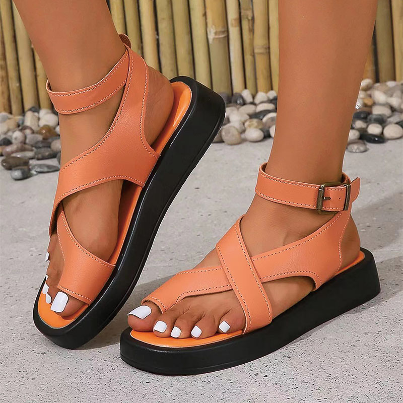 Shoeswoon Criss Cross Toe Loop Ankle Strap Platform Flat Sandals
