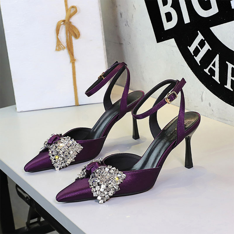 Shoeswoon Satin Rhinestone Bow Ankle Strap Slingback Pointed Toe Stiletto Heels
