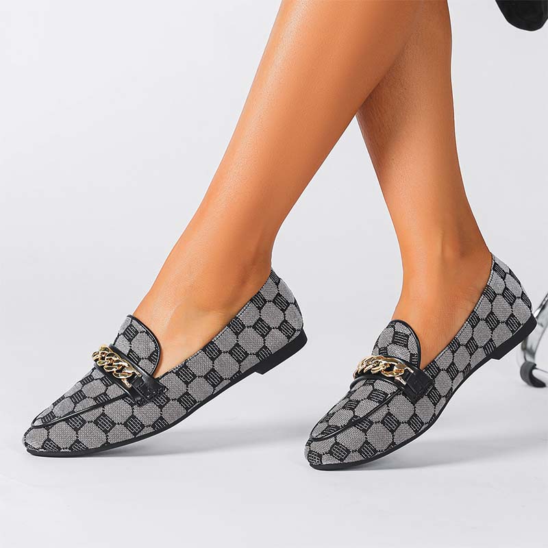 Shoeswoon Plaid Pattern Gold Chain Decor Slip On Loafers
