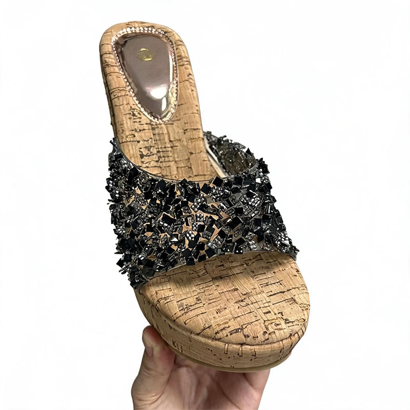Shoeswoon Glitter Open Toe Slip On Natural Cork Platform Wedge Mules