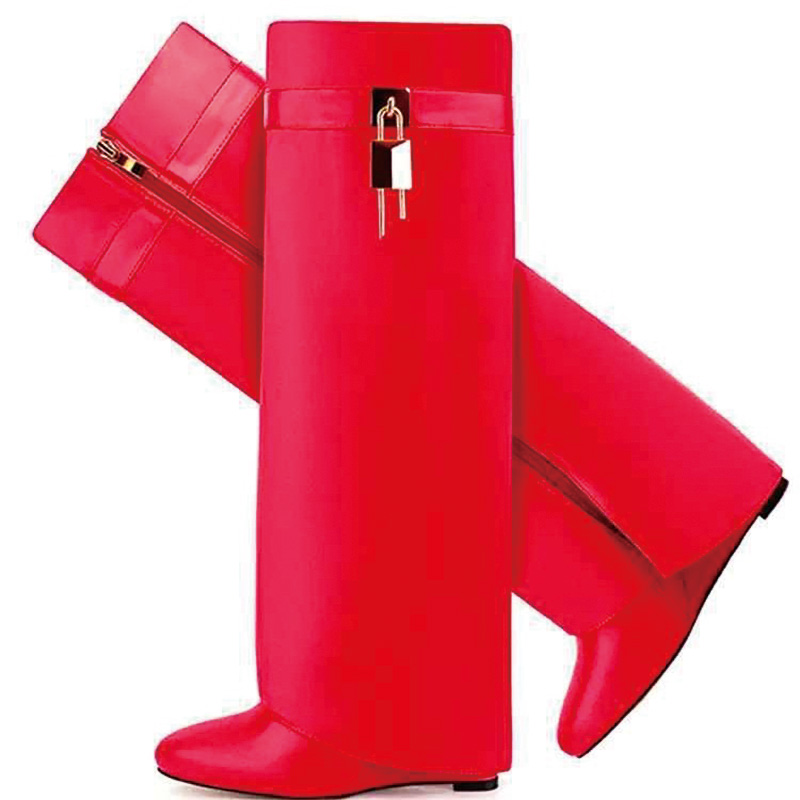 Shoeswoon Bright Metal Lock Accent Side Zipper Fold‑Shaft Flat Knee‑High Boots