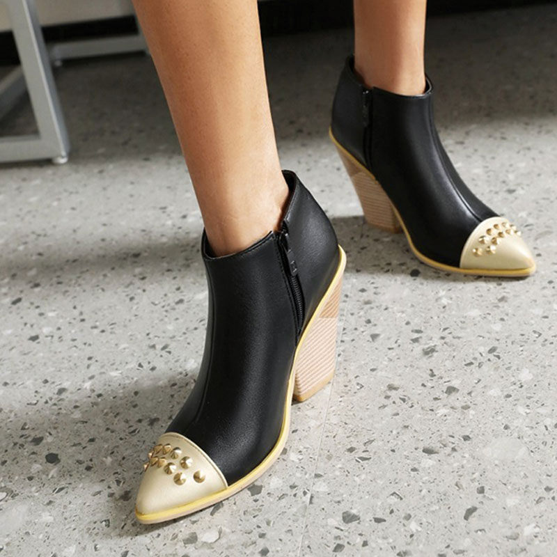 Shoeswoon Fashion Patchwork Stud Decor Pointed Toe Wood‑Look Wedge Heel Ankle Boots