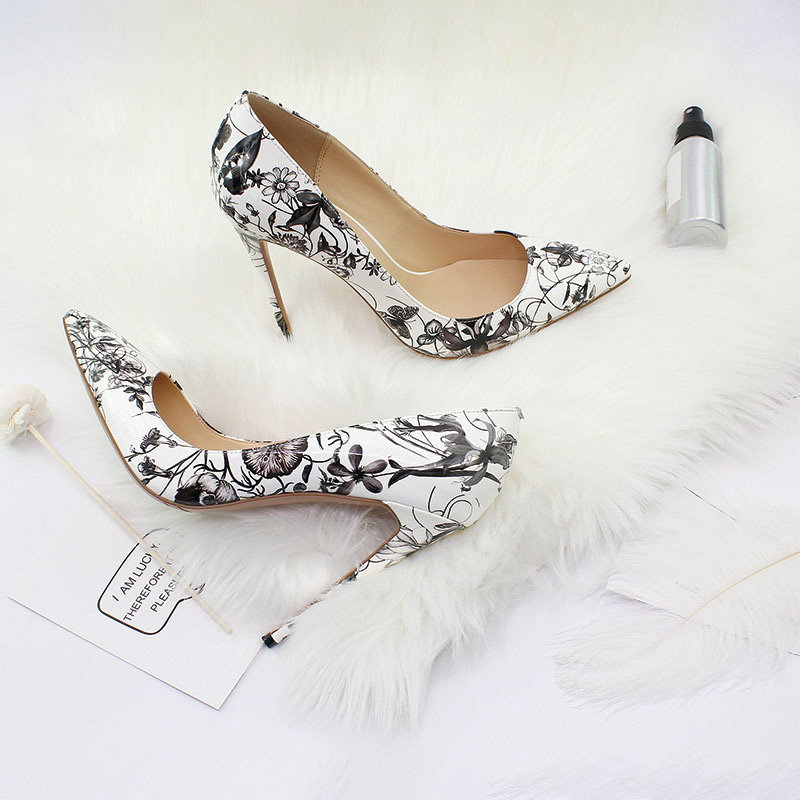 Shoeswoon Colorful Floral Print Patent Pointed Toe Slim Stiletto High Heel Pumps