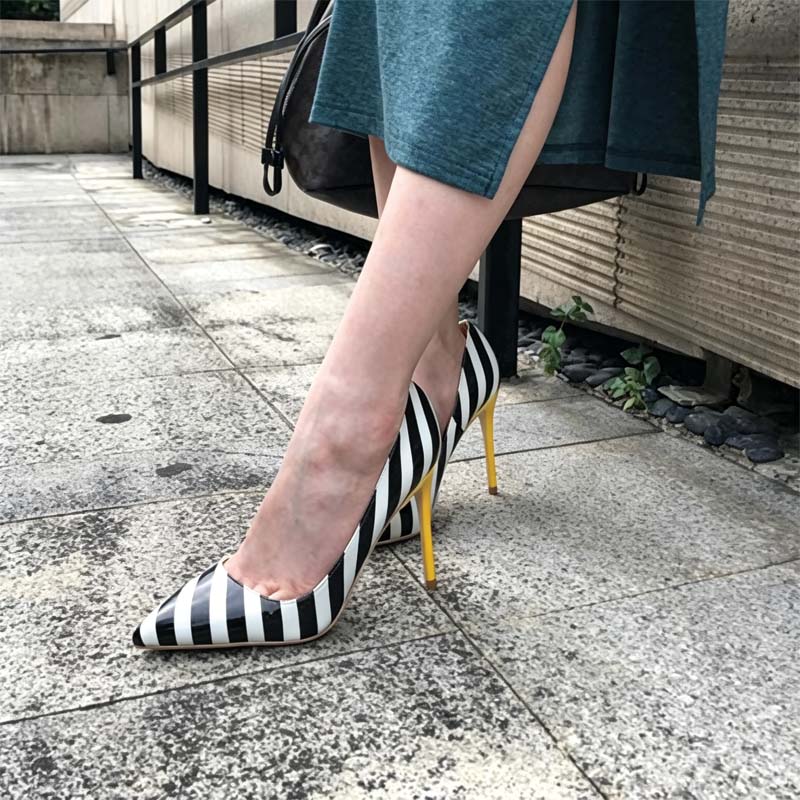 Shoeswoon Black White Striped Patent Pointed Toe Stiletto High Heel Pumps