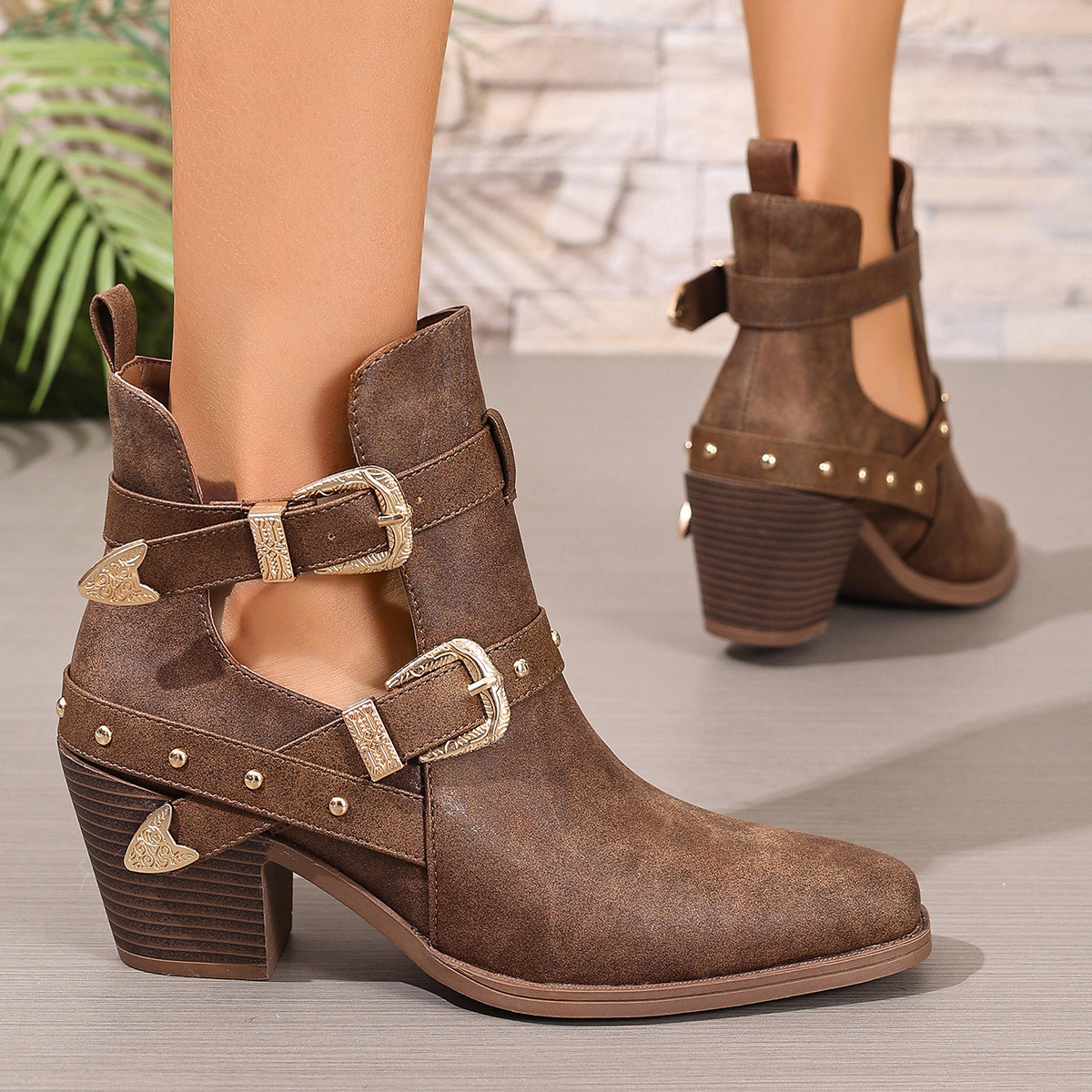 Shoeswoon Rivet Buckle Western Ankle Boots Cutout Vamp Block Heel