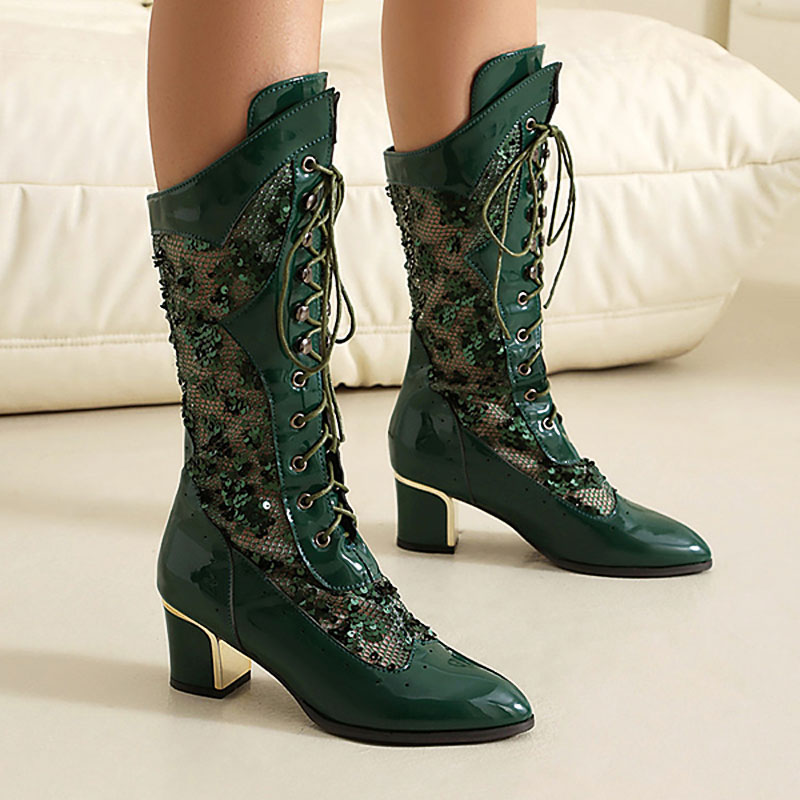 Shoeswoon Gothic Mesh Patchwork Lace‑Up Pointed‑Toe Chunky Heel Party Mid Calf Booties
