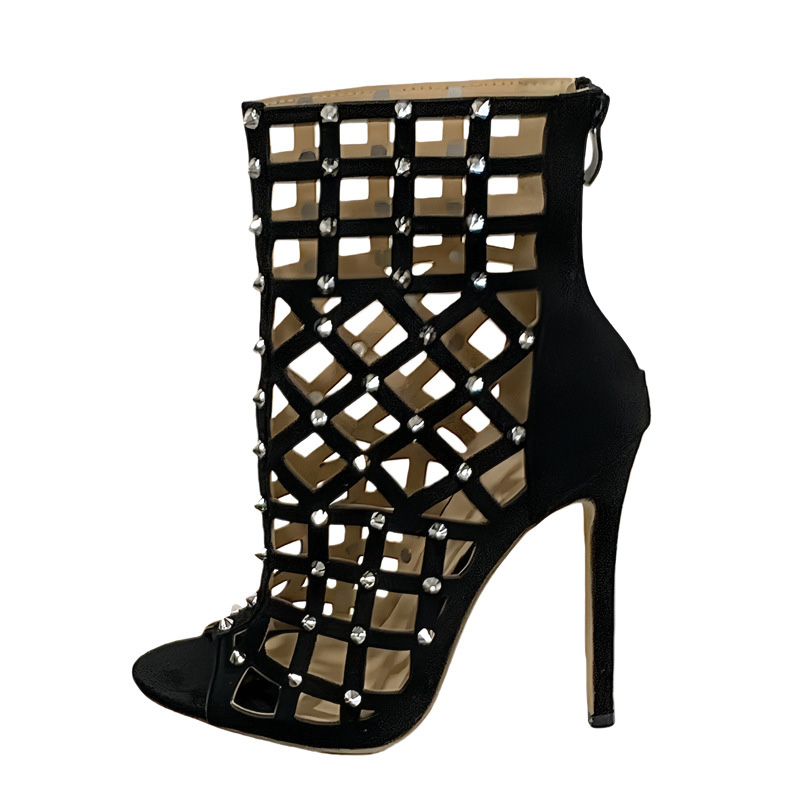 Shoeswoon Black Cutout Grid Spiked Peep Toe Back Zipper Ankle Boot Stiletto Sandals