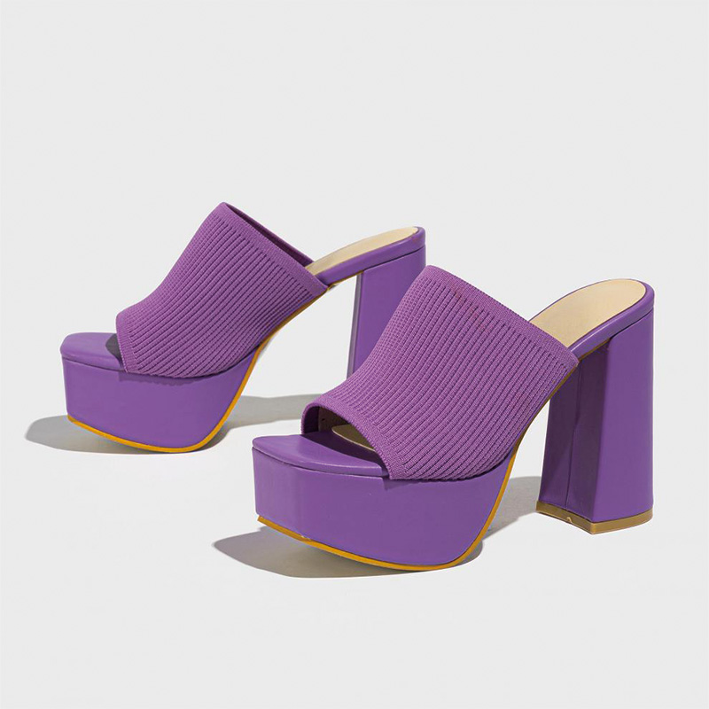 Shoeswoon Square Toe Knit Strap Platform Chunky Heel Mules