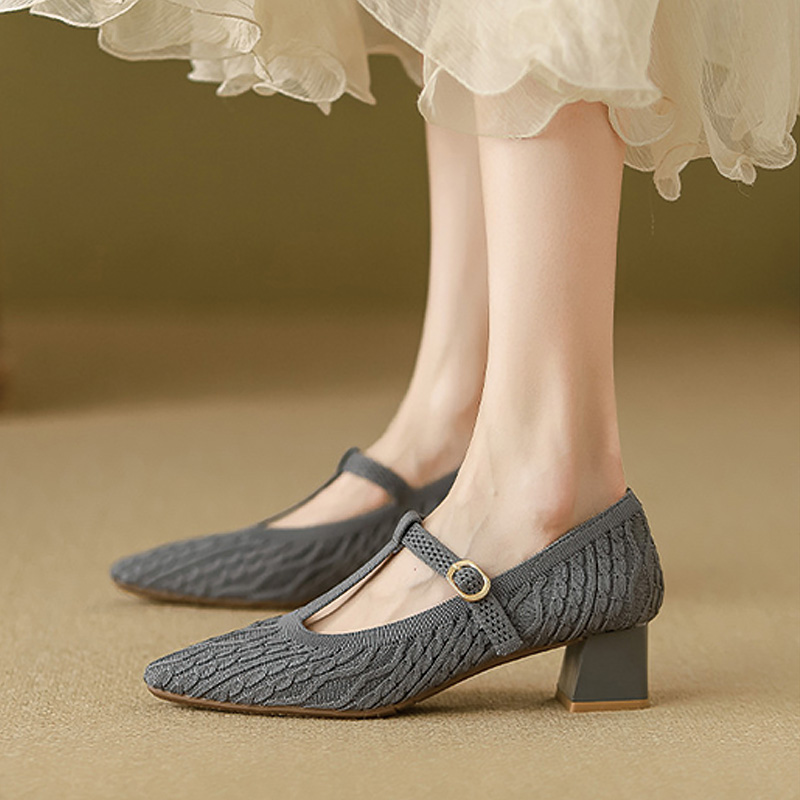 Shoeswoon Hollow Cable Knit T-Strap Gold Buckle Pointed Toe Mary Jane Flats