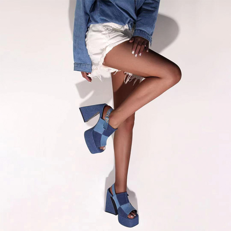Shoeswoon Color Block Denim Slingback Open Toe Platform Chunky Trapeze Heel Sandals