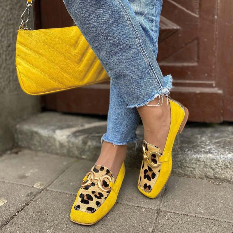 Shoeswoon Yellow Suede Leopard Patchwork Metal Buckle Square Toe Slip‑on Loafers