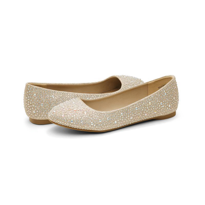 Shoeswoon Full Rhinestone Round Toe Slip-On Glitter Ballet Flats
