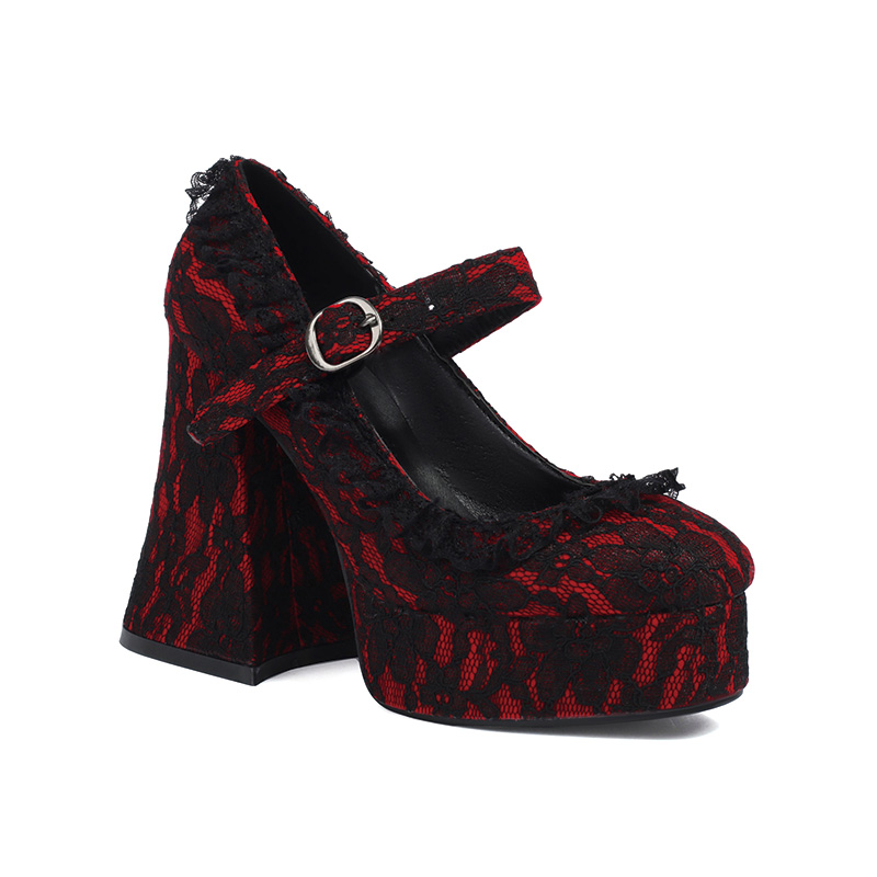 Shoeswoon Red Black Floral Lace Mary Jane Platform Flared Chunky Heel Pumps