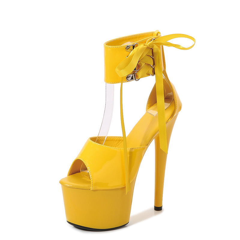 Shoeswoon Patent Peep Toe Lace-Up Wide Ankle Cuff Super Platform Stiletto Sandals