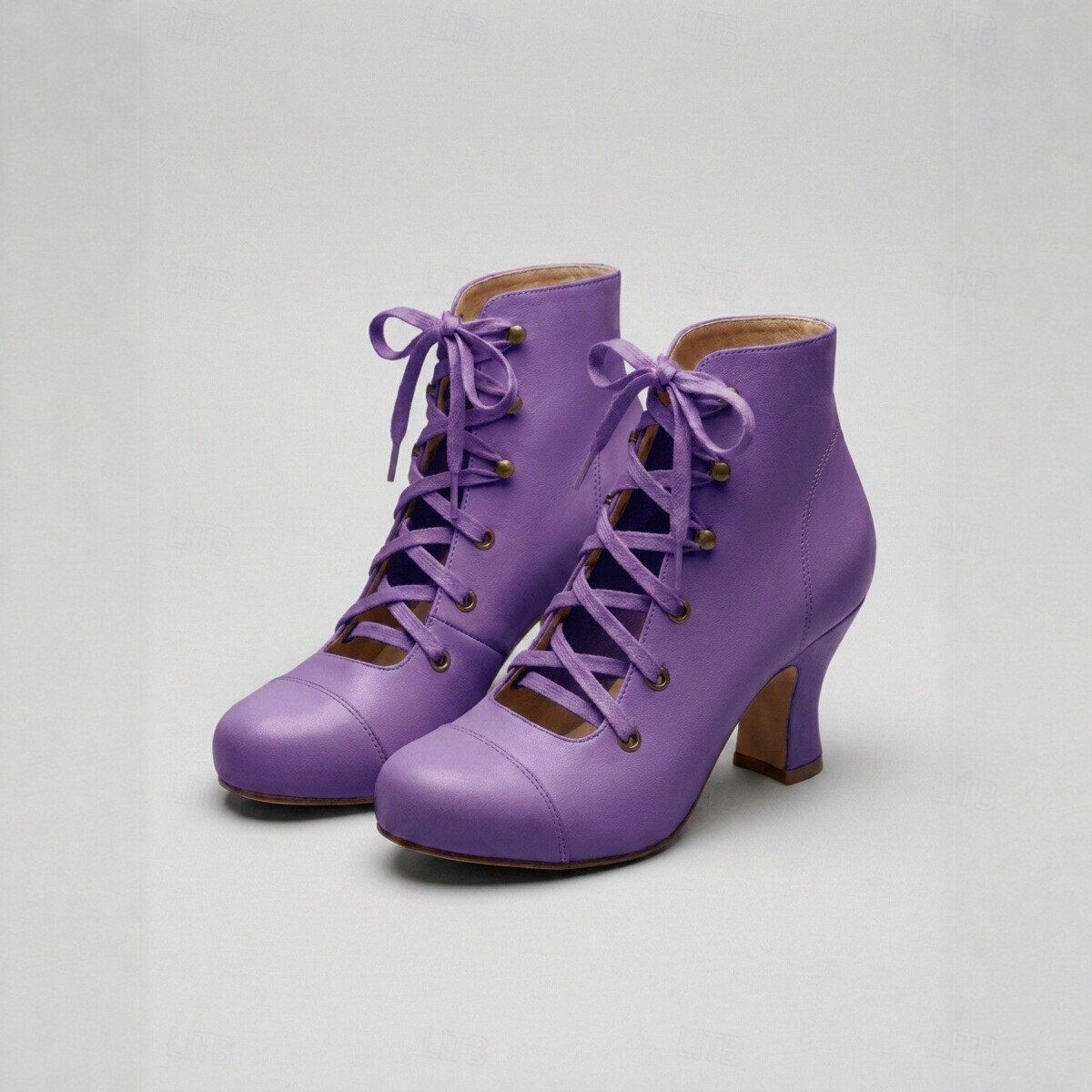 Shoeswoon Retro Lace‑Up Ankle Boots Round Toe Dance Block Heel