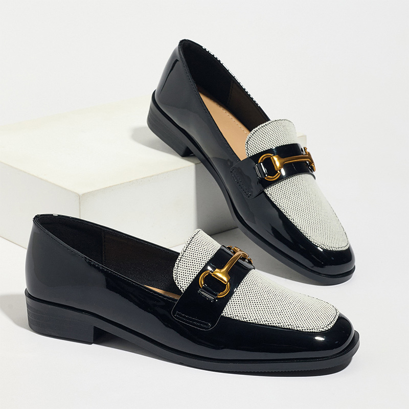 Shoeswoon Black‑White Contrast Spliced Square Toe Gold Buckle Low‑Heel Ladies Fashion Loafers