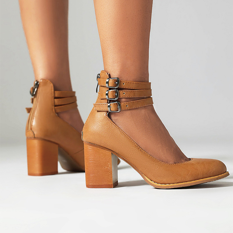 Shoeswoon Vintage Three Buckle Straps Closed Toe Chunky Heels