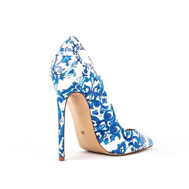 Shoeswoon Blue and White Porcelain Floral Print Pointed Toe Slip On Stiletto High Heel Pumps