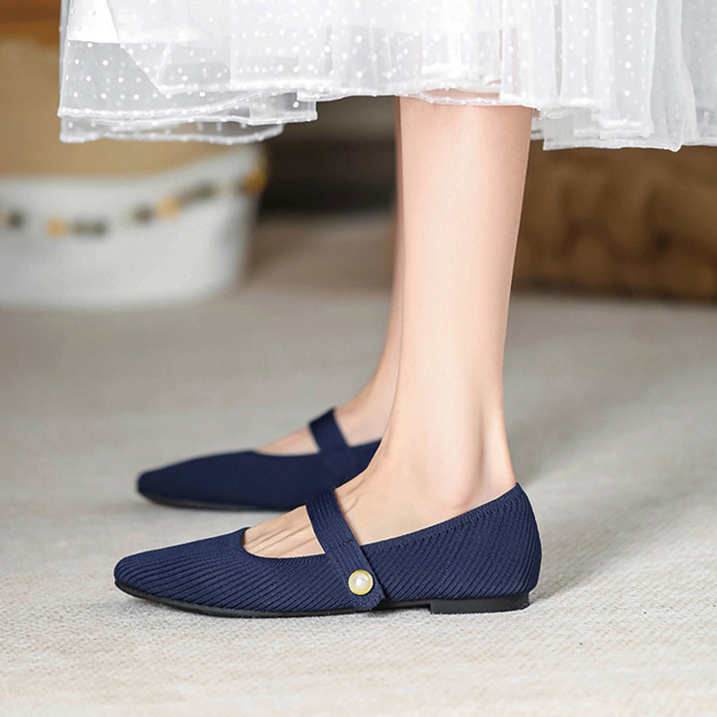 Shoeswoon Ribbed Knit Pearl Button Square Toe Mary Jane Flat Shoes