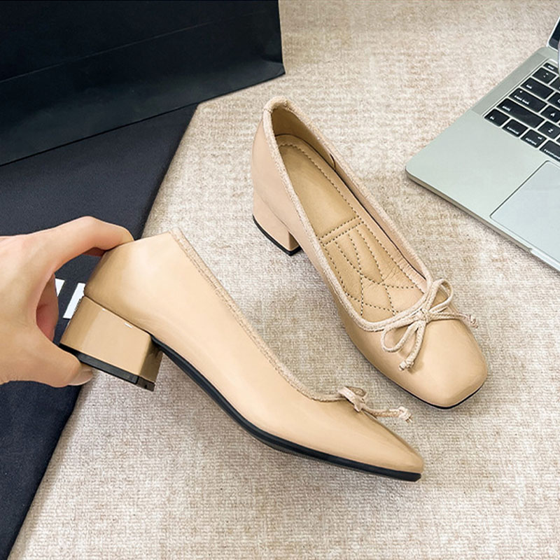 Shoeswoon Front Bow Hidden Internal Square Toe Low Chunky Heel Pumps