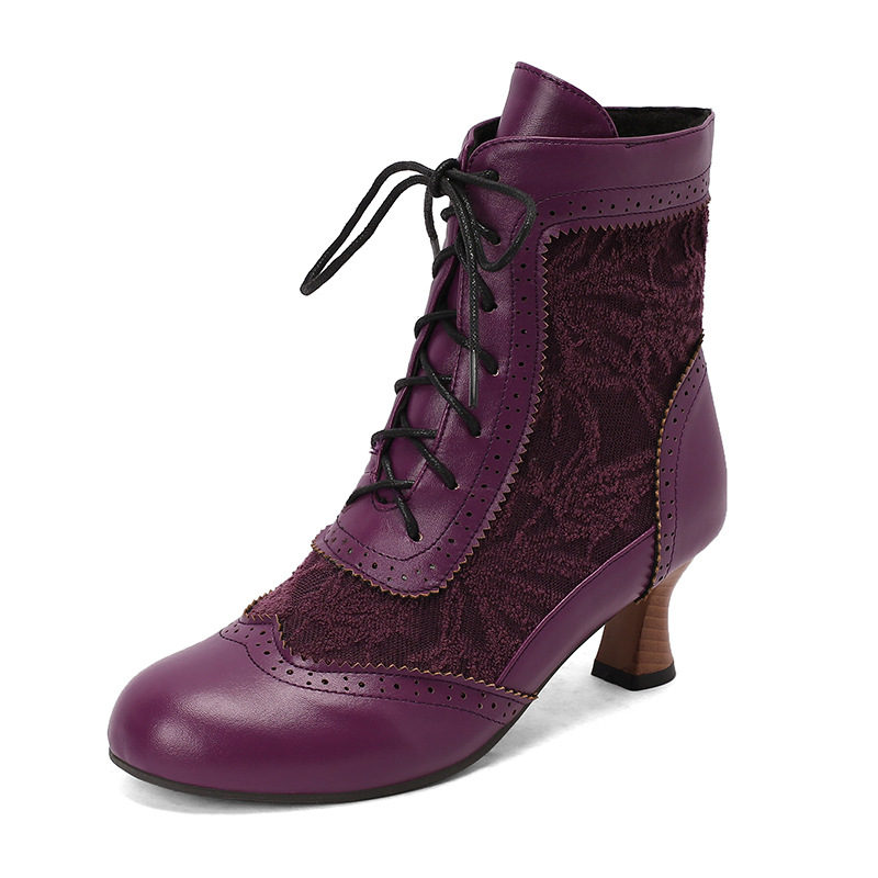 Shoeswoon Victorian Lace‑Panel Ankle Booties Brogue Trim Front Lace‑Up Kitten Heel