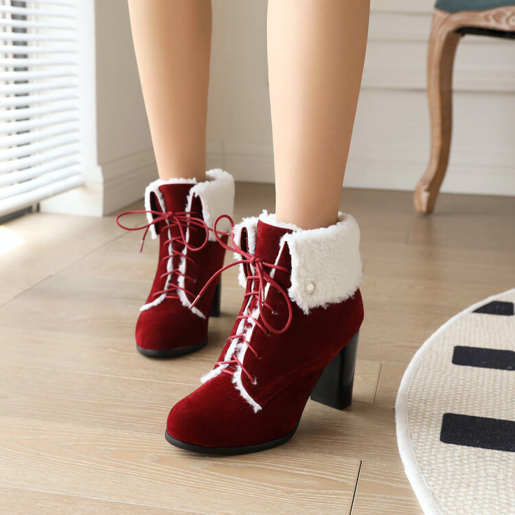 Shoeswoon Fleece‑Cuff Lace‑Up Ankle Booties Faux‑Fur Trim Block Heel