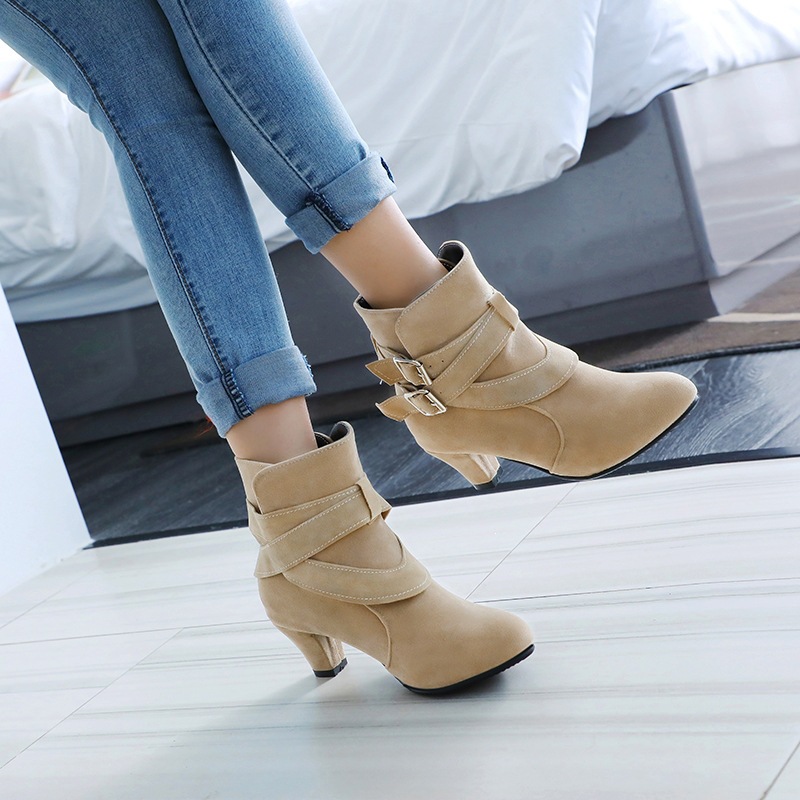 Shoeswoon Suede‑Texture Ankle Boots Multi‑Buckle Wrapped Straps Round Toe Low Block Heel