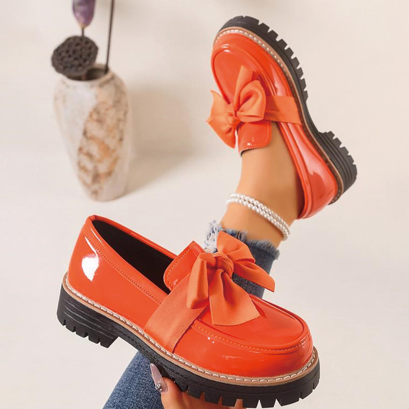 Shoeswoon Satin Bow Decor Patent Slip‑On Chunky Lug Platform Women's Loafer Shoes
