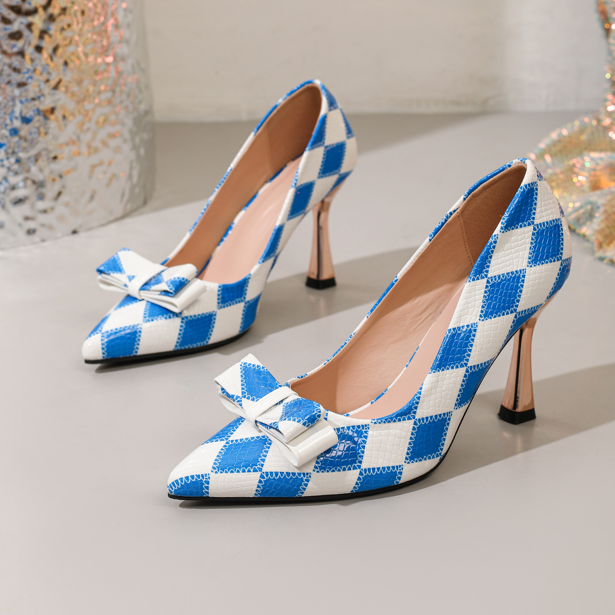 Shoeswoon Checkered Pointed Toe Pumps Front Bow Decor Textured Upper Sculpted Flared Heel