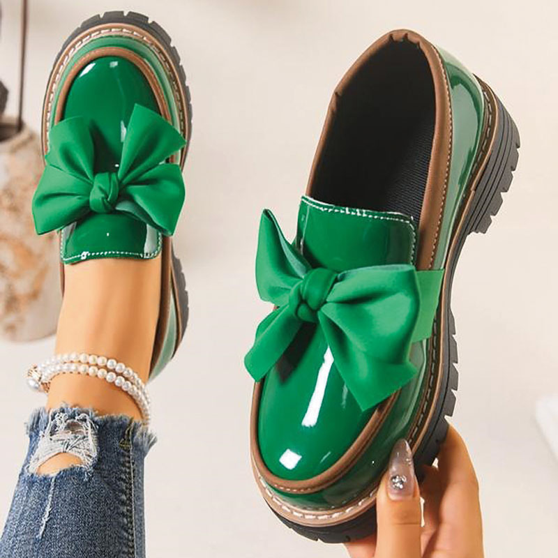 Shoeswoon Satin Bow Decor Patent Slip‑On Chunky Lug Platform Women's Loafer Shoes