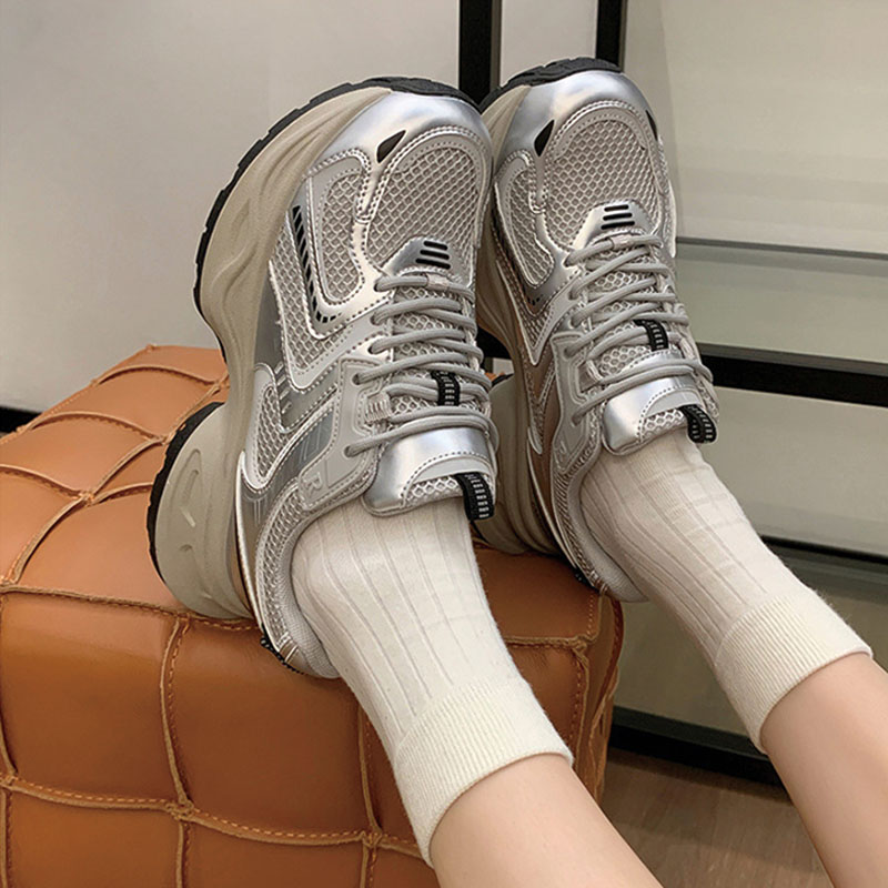 Shoeswoon Mesh Panel Metallic Accent Chunky Platform Lace Up Dad Sneakers