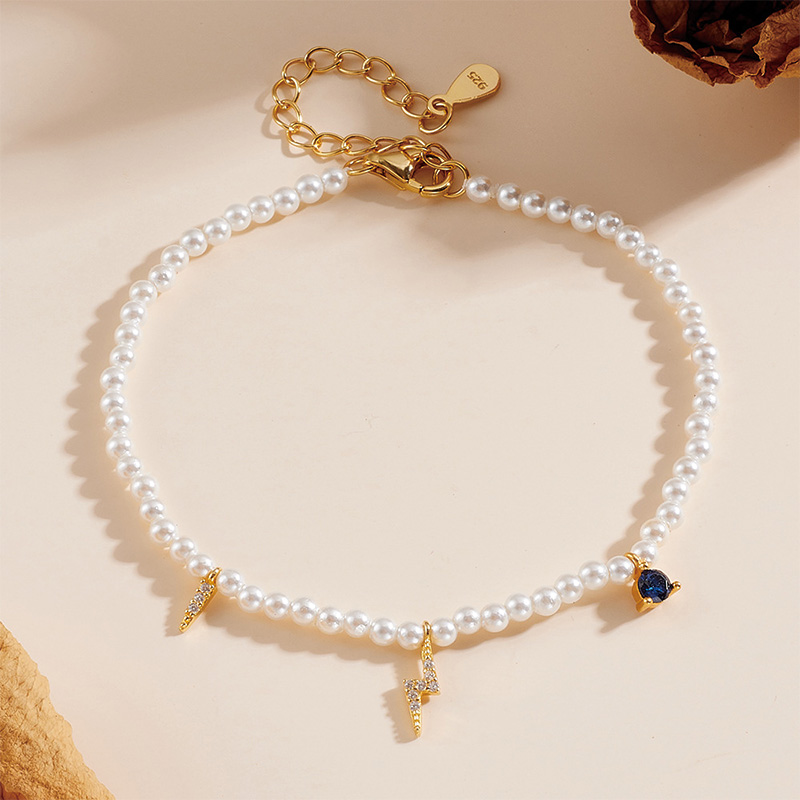 Shoeswoon Pearl Beaded Lightning Charm Blue Crystal Adjustable Anklet